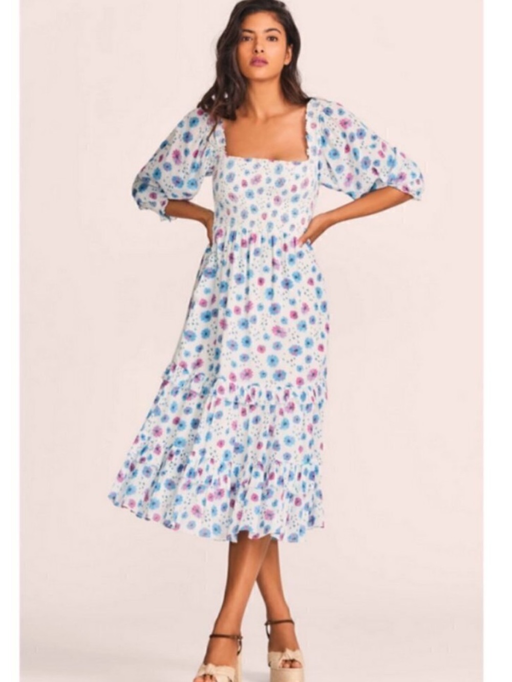 Floral Square-Neck Midi Dress in White with Blue & Pink Print